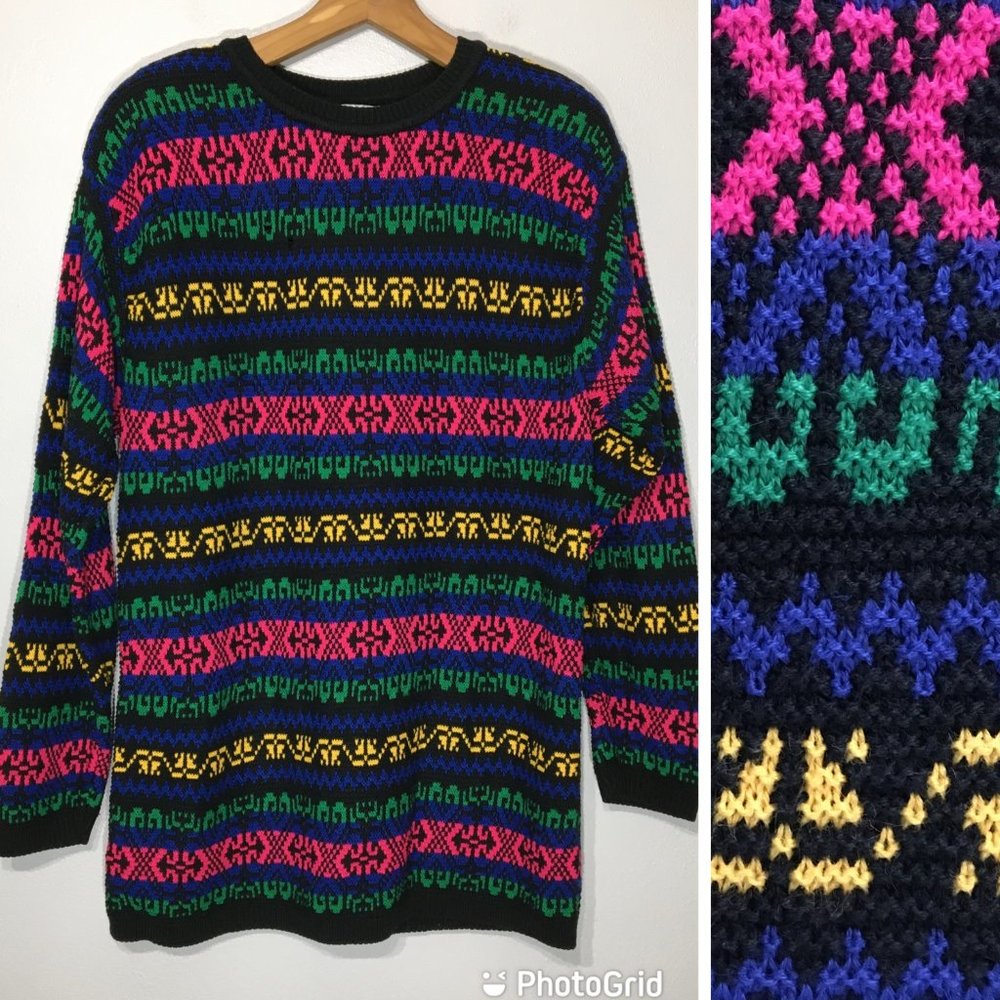 Vintage 80s 90s Knit Striped Tunic Sweater, Black Bright Striped Sweater Dress